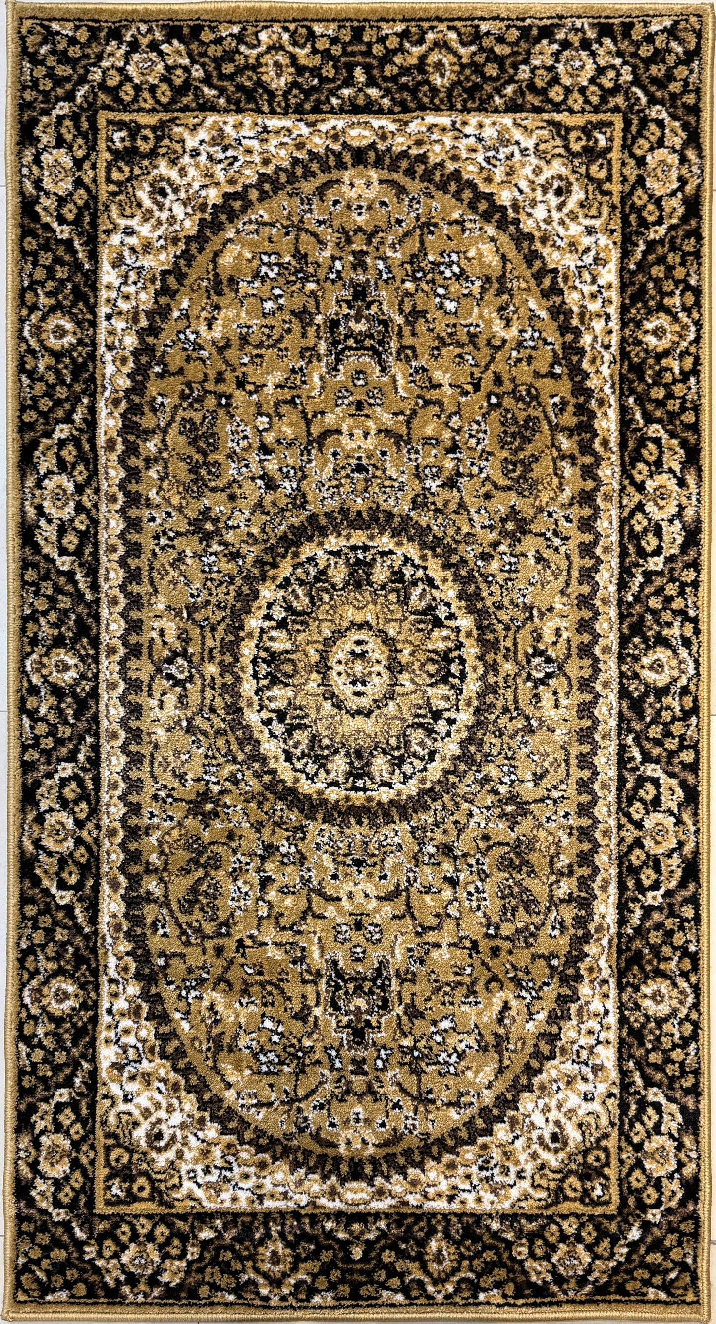 Antique Medallion Hallway Runner | gold, charcoal black & cream | Size 2.7x5.0 ft