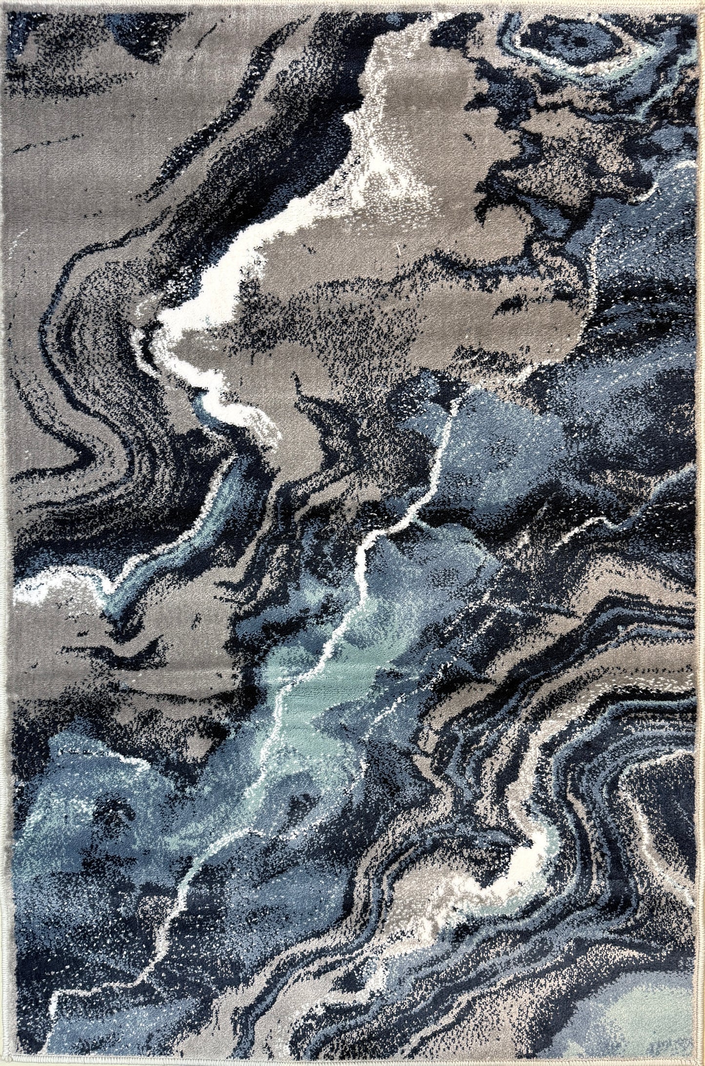 Abstract Marble Nebula Area Rug | Slate Blue, Charcoal, and Silver |Size 3.3x5.0 ft