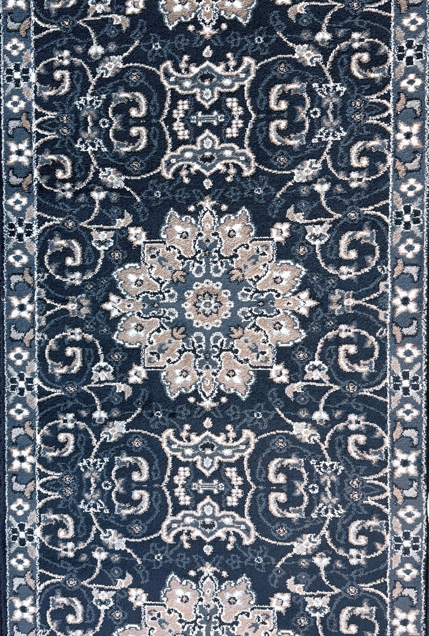 Traditional Persian Style Runner Rug – Navy Blue, Ivory & Beige – 2.7 x 13.0 Feet