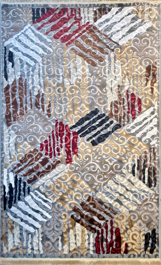 The Modern Abstract Damask Area Rug | blend of grey, beige, burgundy & navy blue |Size150x220 cm (4.11x7.2 feet).