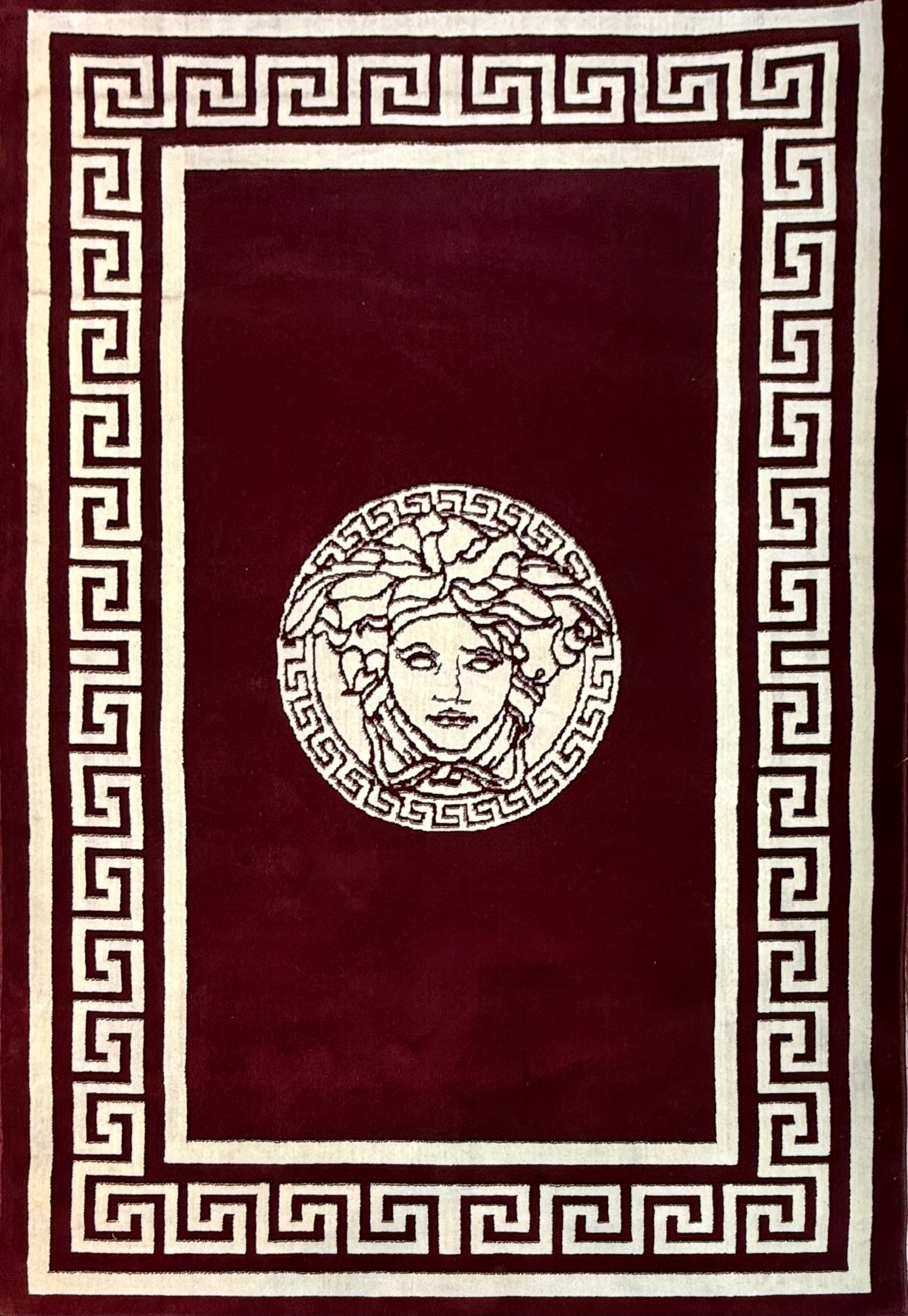 Mythic Medusa Greek Key Area Rug | Burgundy & Cream | Size (5x8) Versace aesthetic