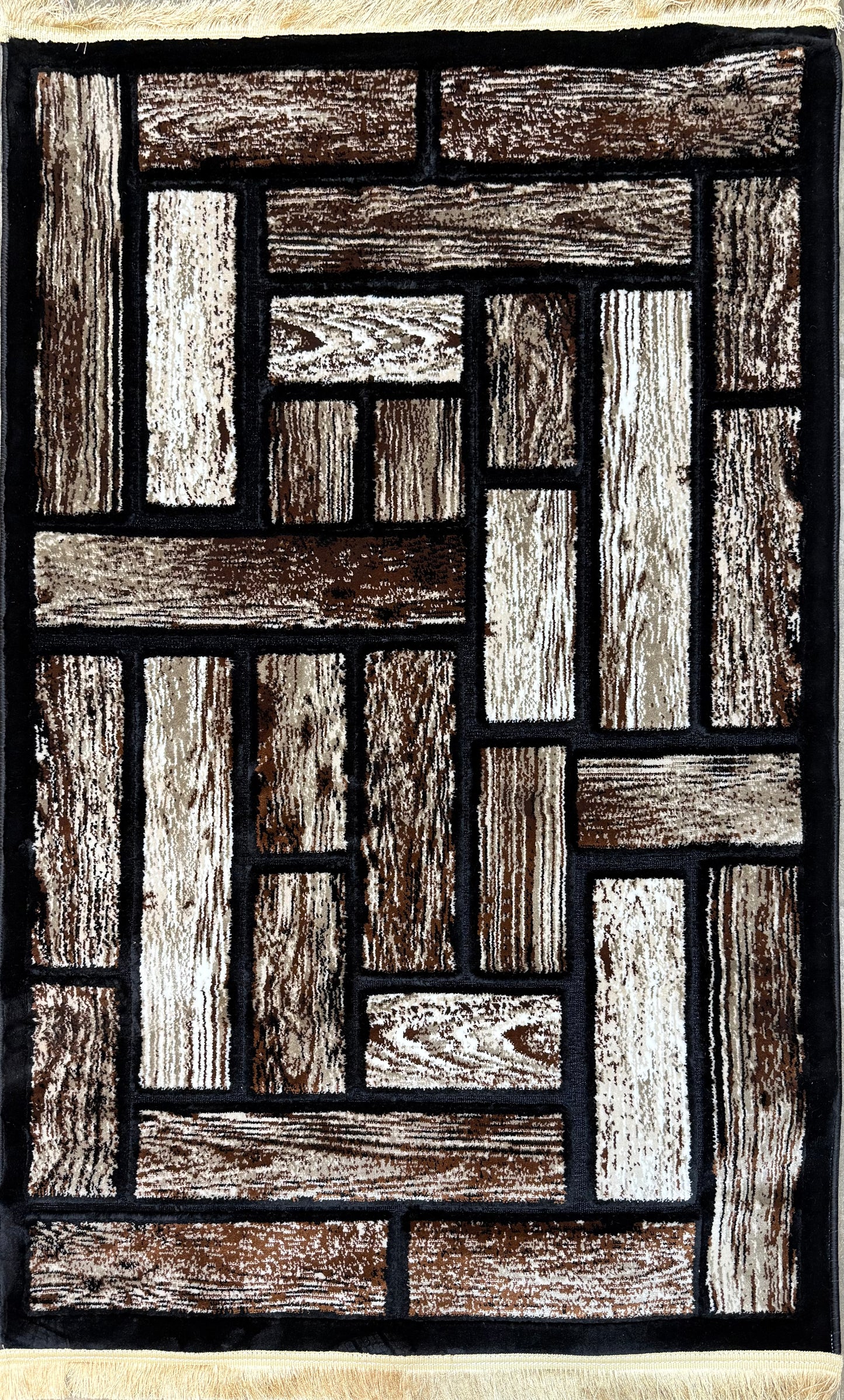 Rustic Wood Plank Pattern Rug - Earthy Black,Browns & Creams - Size Multiple Options