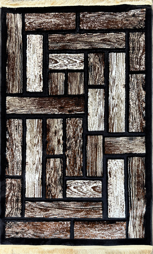 Rustic Wood Plank Pattern Rug - Earthy Black,Browns & Creams - Size 100x150cm (3.3x4.11)ft