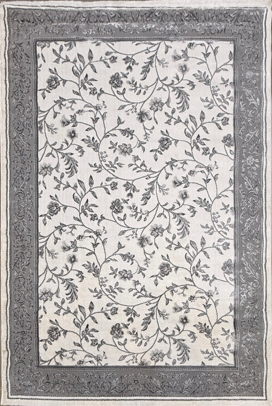 Elegant Floral Border Area Rug – Grey & Ivory Classic Design | Size 160 x 230 cm (5.3x7.6 ft)