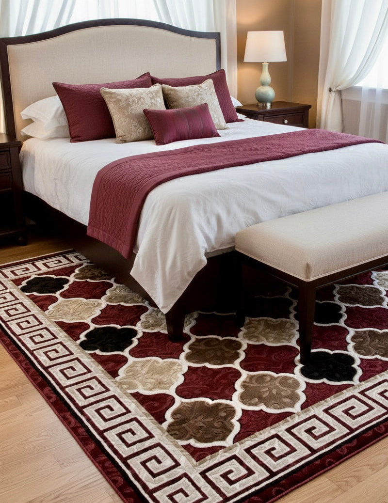 Marrakesh Lattice Area Rug | Burgundy, Cream & Espresso | Size 150x230 cm (4.11x7.6 ft)