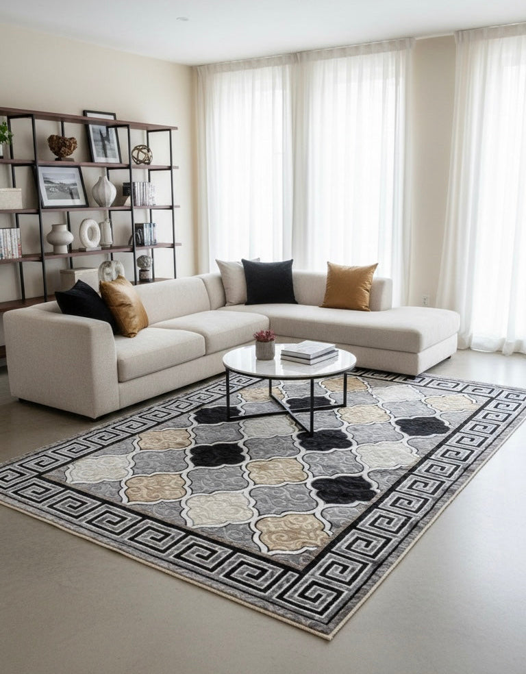 Greek Key Moroccan Trellis | Grey, Black, Cream & Gold | Size 200x290 cm (6.6x9.6 ft)