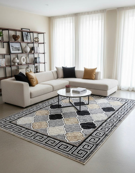 Greek Key Moroccan Trellis | Grey, Black, Cream & Gold | Size 200x290 cm (6.6x9.6 ft)
