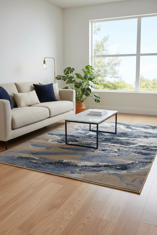 Azure Storm Abstract Rug  |slate blue, navy, sandy beige, and white | Size 3.3x5.0 ft