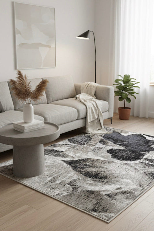 Modern Floral Leaf Area Rug | charcoal, grey, beige, and cream | Size 3.3x5.0 ft