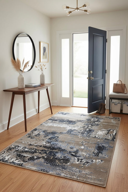 Abstract Midnight Area Rug | navy blue, slate grey, sandy tan & white | Size 3.3x5.0 ft