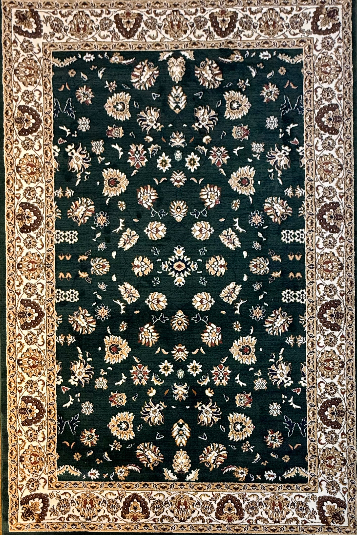 Persian Design Area Rug – Dark Green with Cream & Gold Accents, 200x290 cm (6.5x9.5 ft)