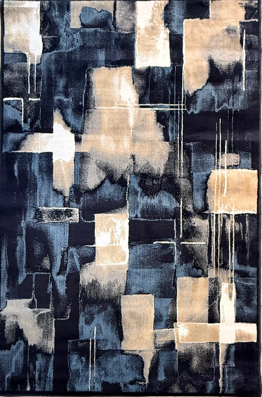 Abstract Geometric Contemporary Area Rug – Navy Blue, Steel Blue & Beige | 160×230 cm (5.3 × 7.6 ft)