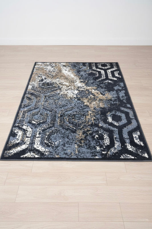 Abstract Geometric Distressed Area Rug | navy blue, grey, cream & taupe | Size 3.3x5.0 ft