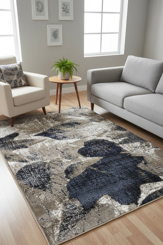 Autumn Leaf Distressed Area Rug | Navy Blue, Taupe, and Ivory | Size 3.3x5.0 ft