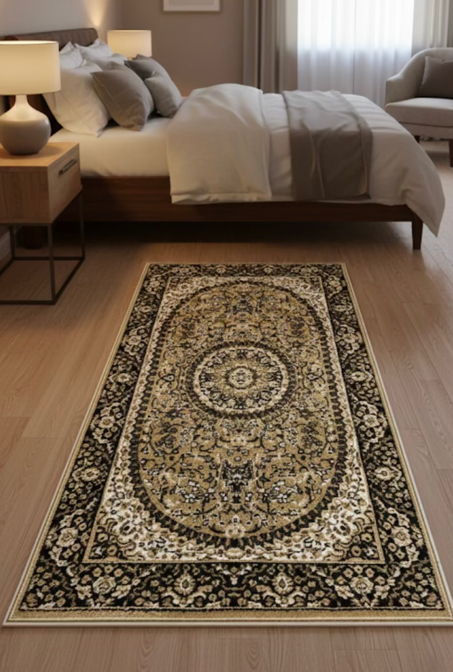 Antique Medallion Hallway Runner | gold, charcoal black & cream | Size 2.7x5.0 ft