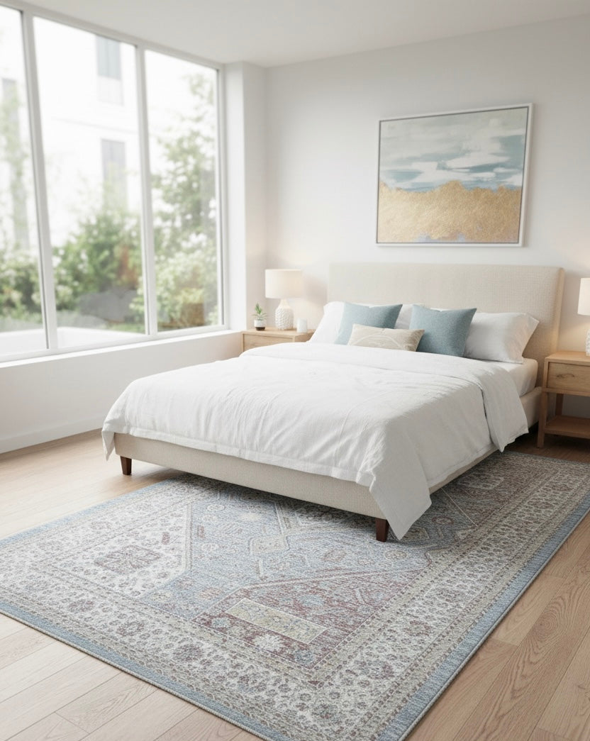 Vintage Medallion Distressed Rug | Light Blue, Rust & Cream | Size 150x230 cm (4.11x7.6 ft)