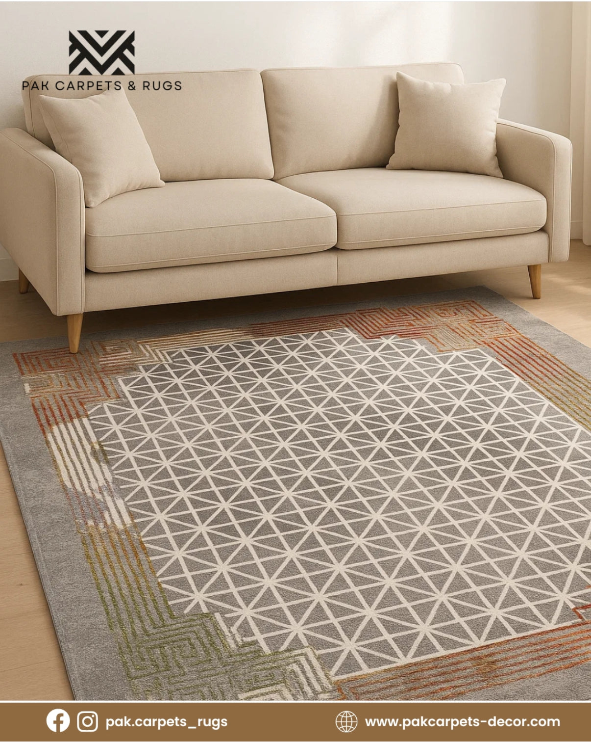Modern Grid Pattern Rug - Grey, White, Rust & Green Size 150x220 cm (4.10x7.3)ft