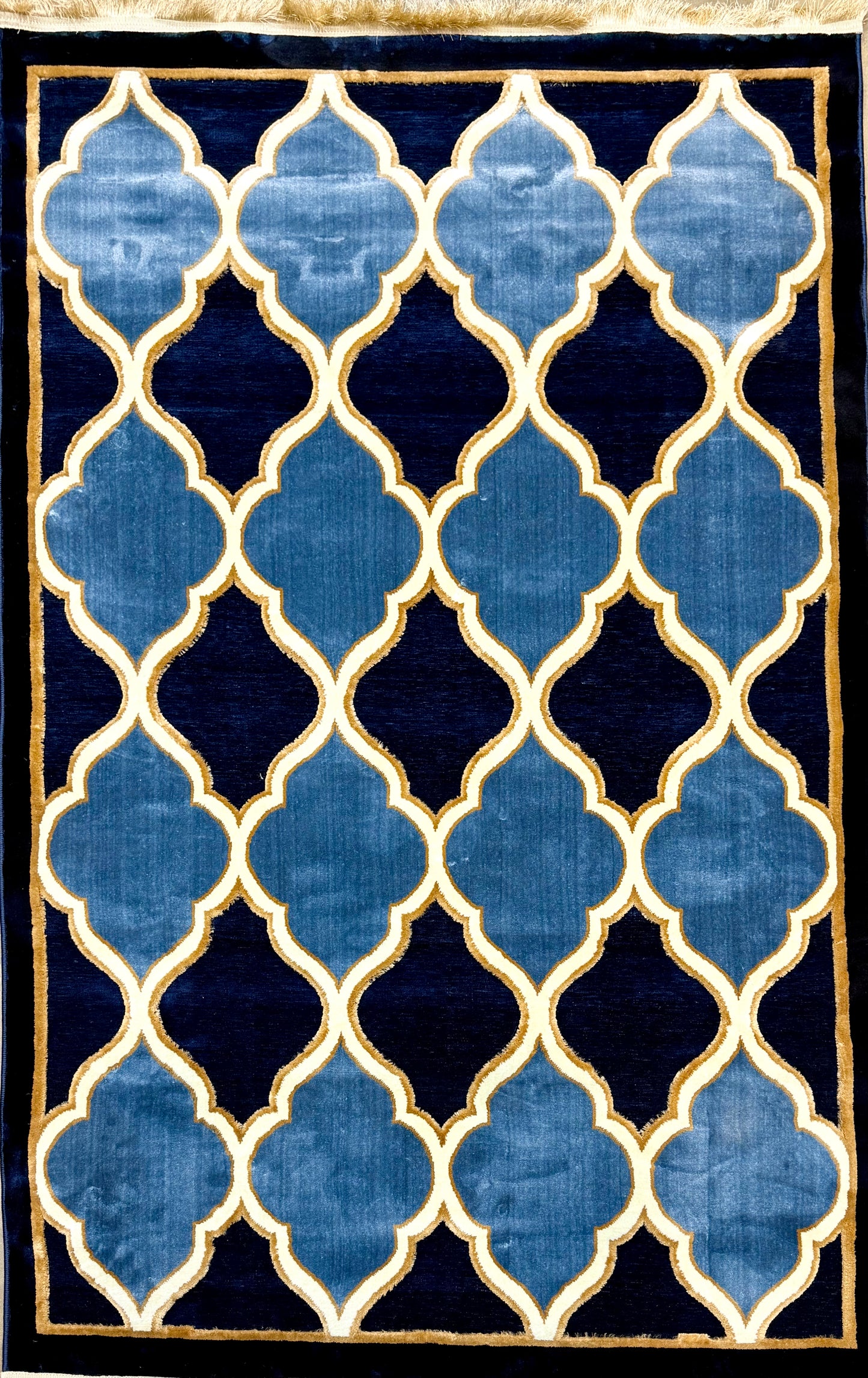 Chenille Blue and Gold Trellis Pattern Rug - Size 150x220cm (4.11x7.3)ft