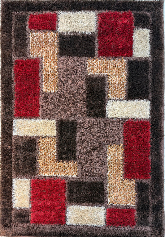 Geometric Shaggy Area Rug pattern of red, chocolate brown & beige | Size 100x150 cm (3.3x4.11 ft)