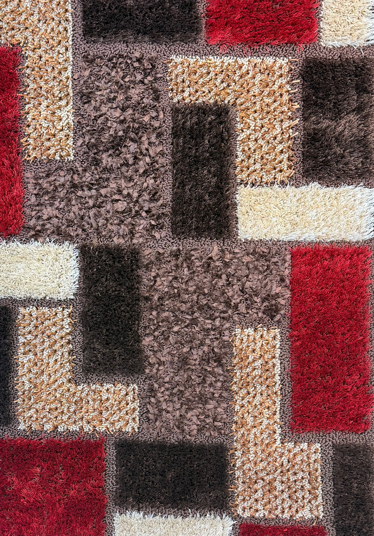 Geometric Shaggy Area Rug pattern of red, chocolate brown & beige | Size 100x150 cm (3.3x4.11 ft)