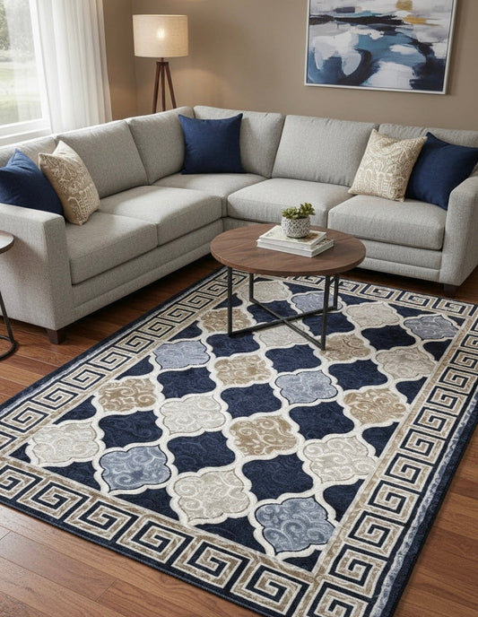 Greek Medallion Trellis Rug | NavyBlue, Cream & Gold | Size 200x290 cm (6.7x9.6 ft)