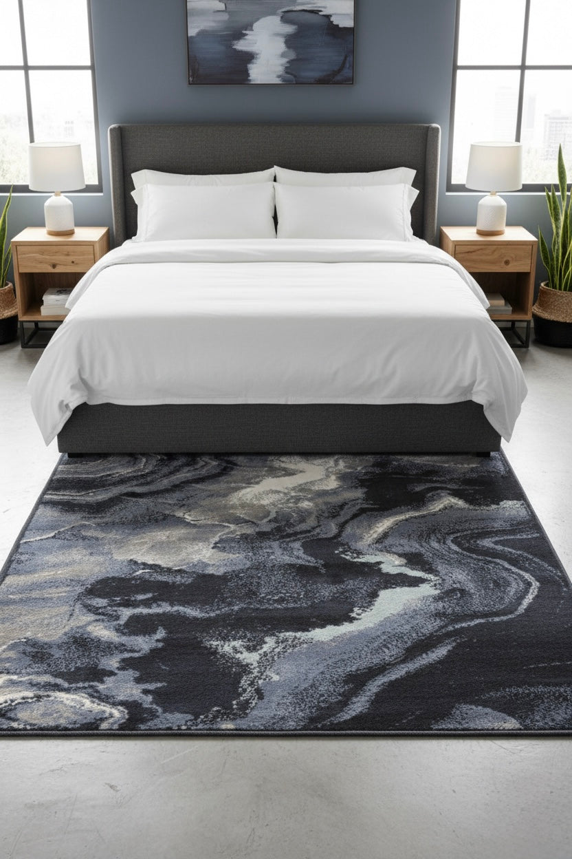 Midnight Marble Abstract Area Rug | deep navy, charcoal gray, and slate | Size 3.3x5.0 ft