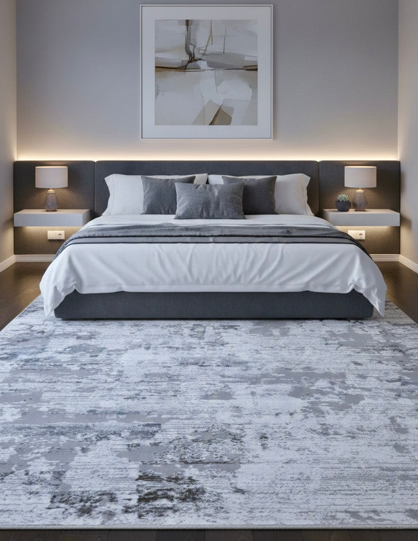 Modern Abstract Distressed Rug | Grey and White | Available In Two Sizes