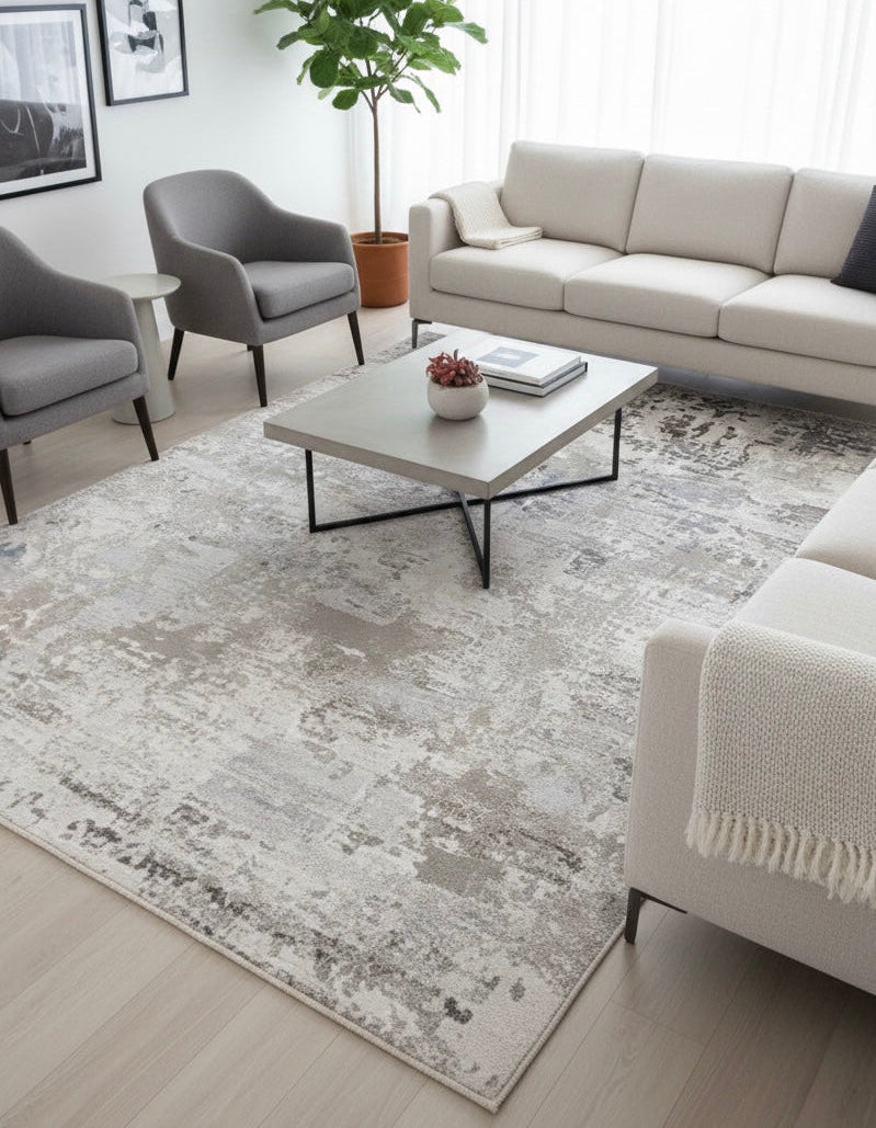 Abstract Distressed Texture Rug | Grey, Beige, and Blue | Size 150x220 cm (4.11x7.2 ft)