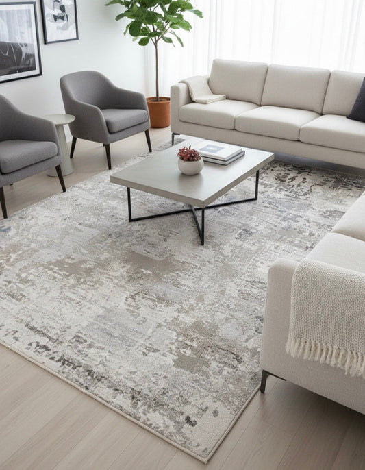 Abstract Distressed Texture Rug | Grey, Beige, and Blue | Size 150x220 cm (4.11x7.2 ft)