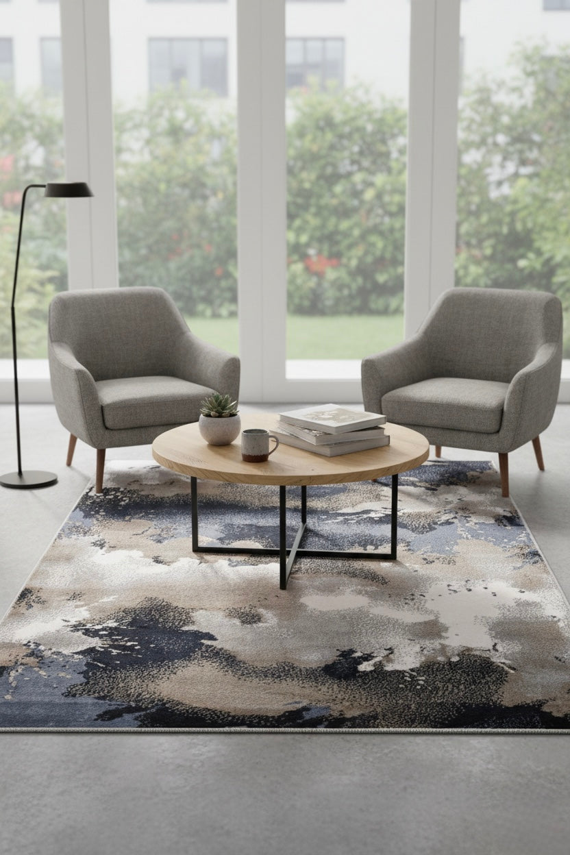 Nebula Abstract Rug | deep navy, slate blue, warm taupe & crisp white | Size 3.3x5.0 ft