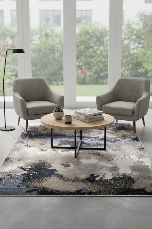Nebula Abstract Rug | deep navy, slate blue, warm taupe & crisp white | Size 3.3x5.0 ft