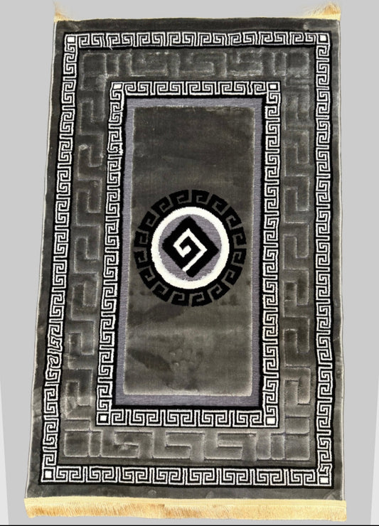 Greek Key Velvet Rug in Charcoal, Black & Silver – Size 100x150cm (3.3x4.11)ft
