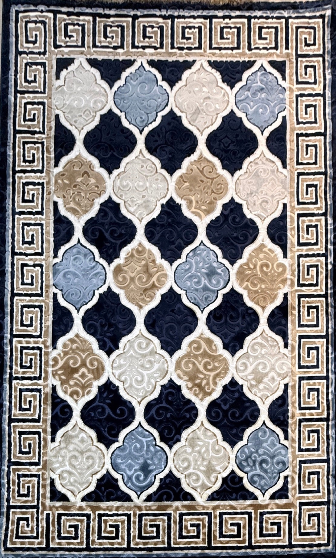 Greek Medallion Trellis Rug | NavyBlue, Cream & Gold | Size 200x290 cm (6.7x9.6 ft)
