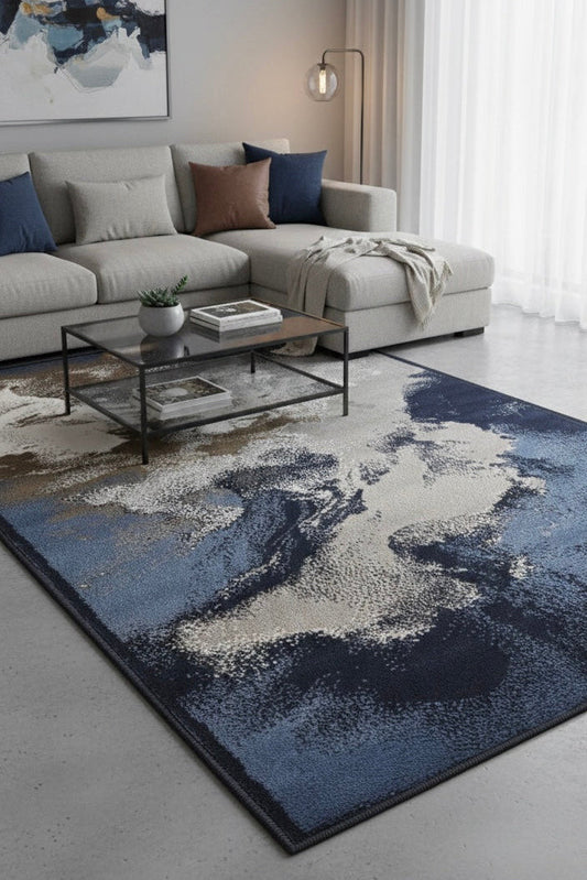 Celestial Nebula Abstract Area Rug | navy, slate blue, charcoal & bronze | Size 3.3x5.0 ft