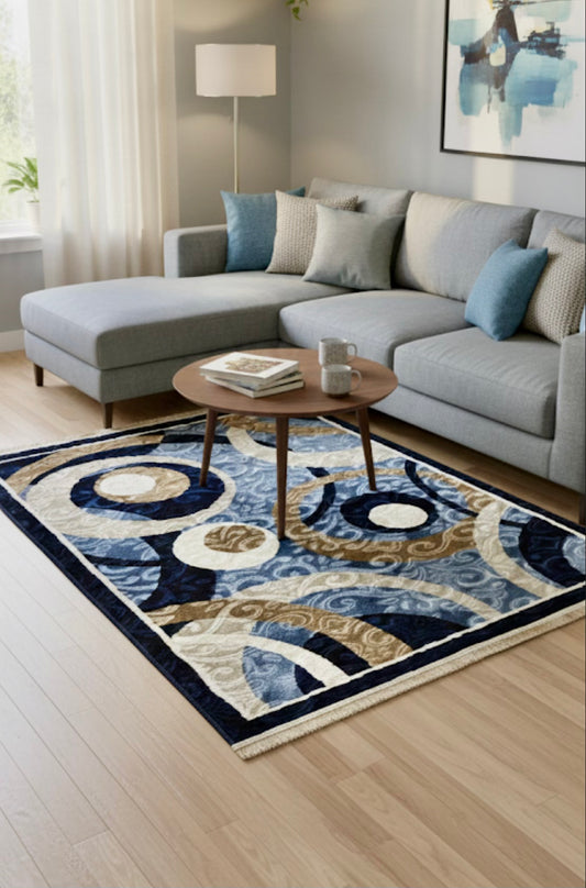 Modern Abstract Circle Pattern Blue, Beige, and Brown Area Rug - 100x150 cm (Approx. 3'3" x 5'0")