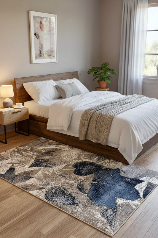 Modern Leaf Pattern Area Rug |Navy Blue Beige Taupe Grey Colours | Size 5 x 7.3 Feet