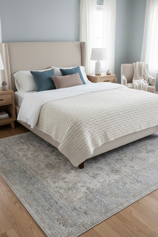 Serene Medallion Distressed Rug | Cream/Grey & Slate Blue | Size 150x230 cm (4.11x7.6 ft)