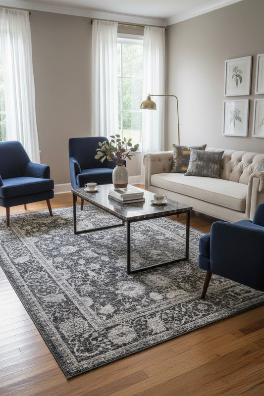 Vintage Floral Medallion Rug | Charcoal & Grey | Size 150x230 cm (4.11x7.6 ft)