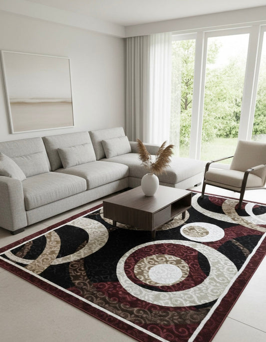 Modern Circles Area Rug | Maroon, Black, Cream & Beige | Size 200x290 cm (6.7x9.6 ft)