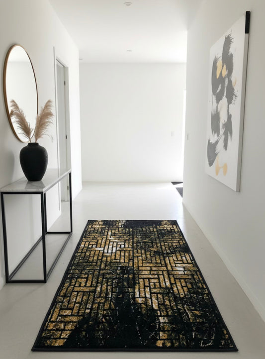 Geometric Basketweave Runner | Gold, Black & White |Size 2.7x5.0 ft