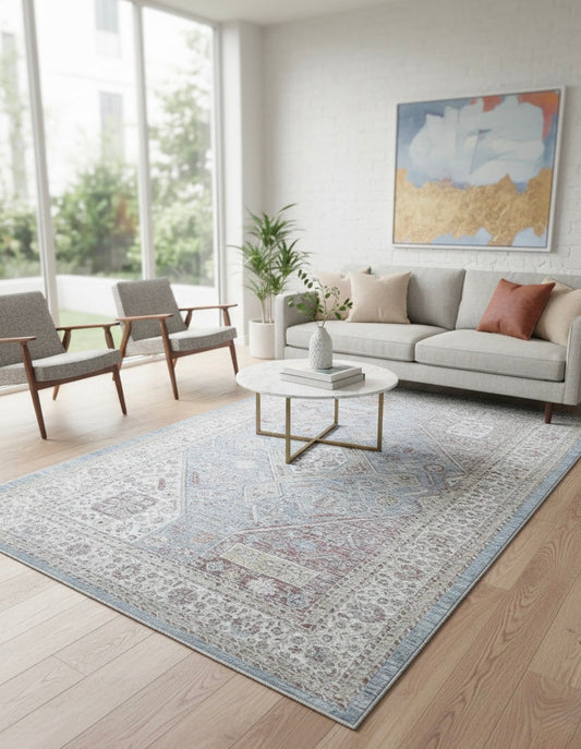 Vintage Medallion Distressed Rug | Light Blue, Rust & Cream | Size 150x230 cm (4.11x7.6 ft)