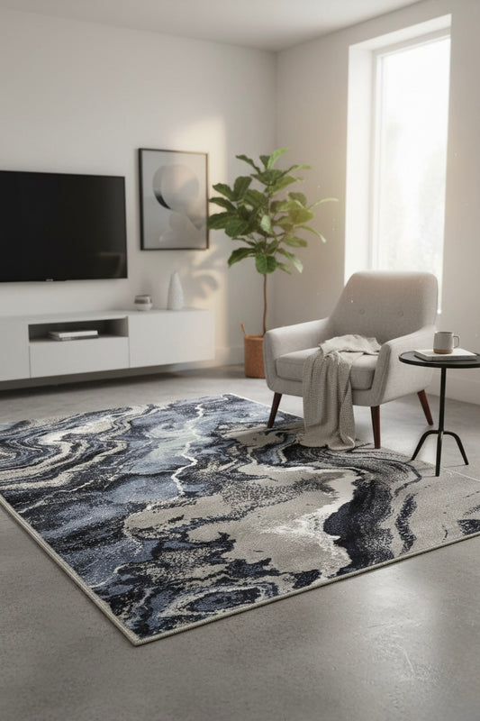 Abstract Marble Nebula Area Rug | Slate Blue, Charcoal, and Silver |Size 3.3x5.0 ft