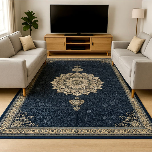 Elegant Persian-Style Navy Blue & Ivory Medallion Rug – 300x400 cm (9.8x13.1)ft
