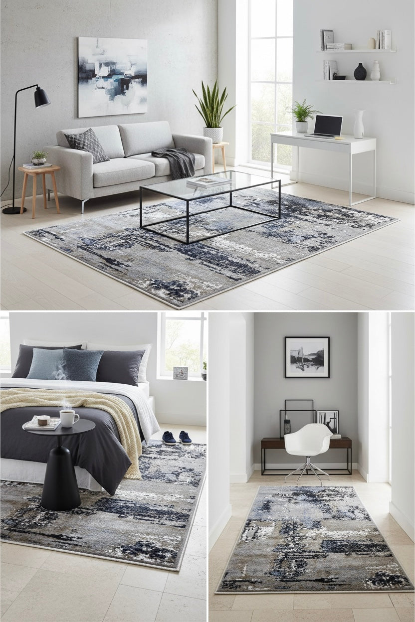 Abstract area rug | blend of Grey, Blue, and Anthracite tones | Size 3.3x5.0 ft