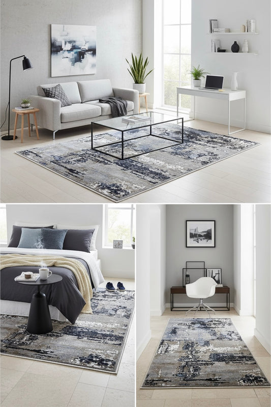 Abstract area rug | blend of Grey, Blue, and Anthracite tones | Size 3.3x5.0 ft