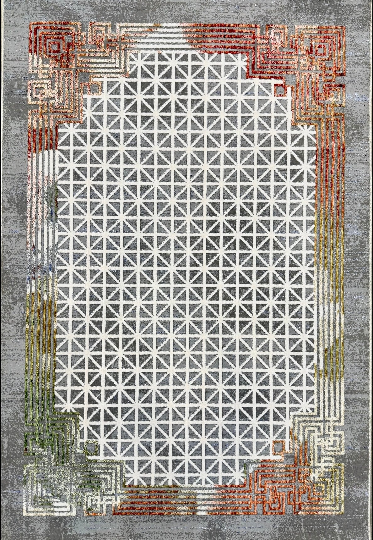 Modern Grid Pattern Rug - Grey, White, Rust & Green Size 150x220 cm (4.10x7.3)ft