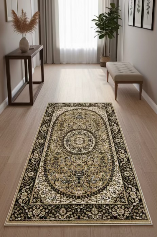 Antique Medallion Hallway Runner | gold, charcoal black & cream | Size 2.7x5.0 ft