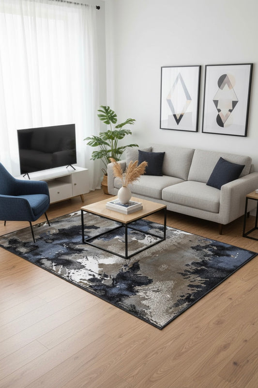 Abstract Nebula Area Rug |   navy blue, charcoal grey & earthy taupe | Size 3.3x5.0 ft