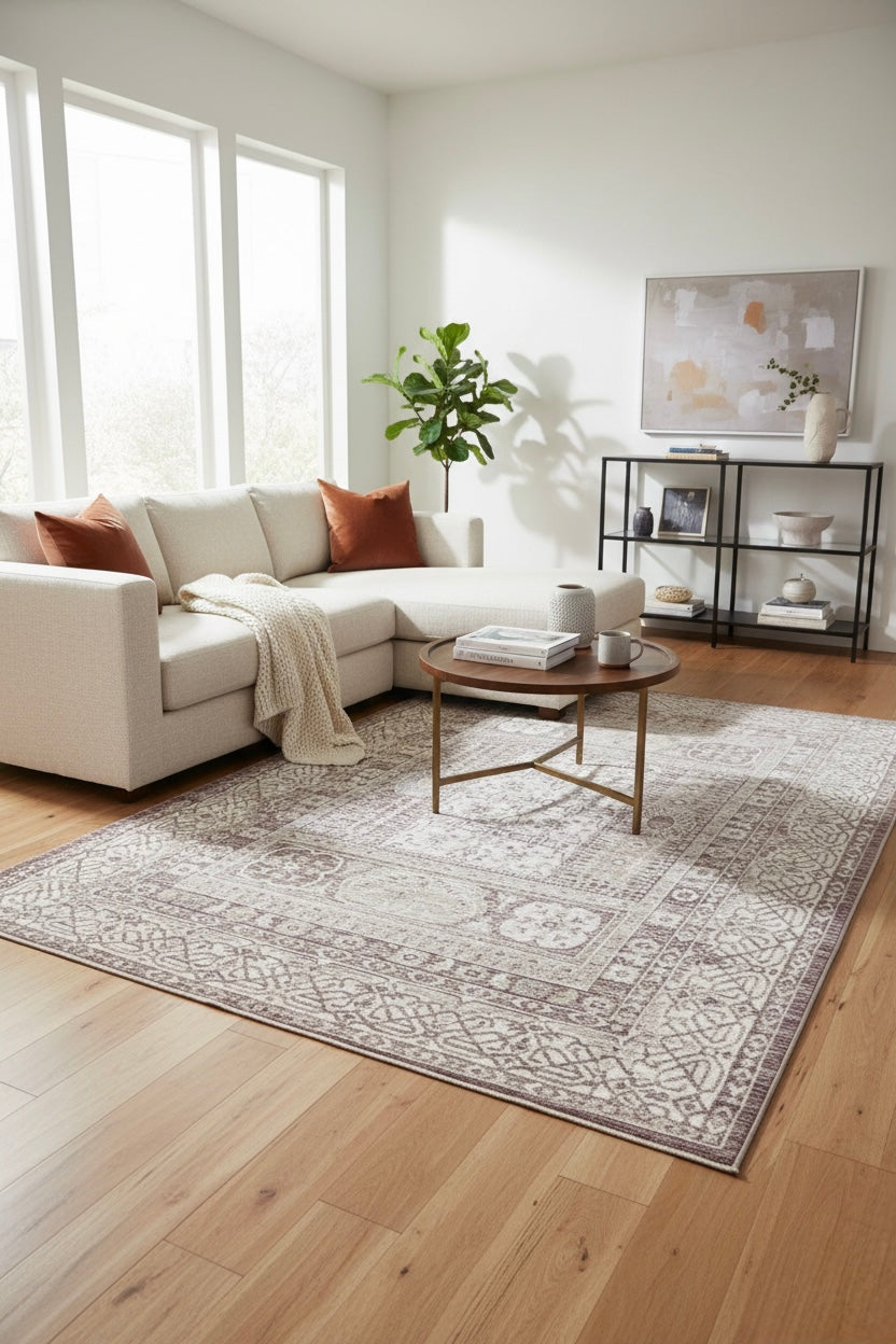 Traditional Medallion Transitional Rug | Lilac, Beige | Size 150x230 cm (4.11x7.6 ft)