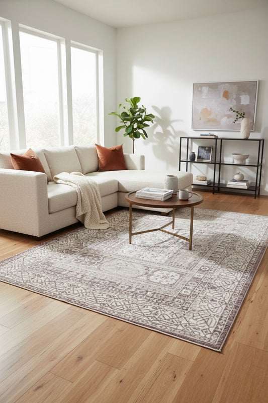 Traditional Medallion Transitional Rug | Lilac, Beige | Size 150x230 cm (4.11x7.6 ft)